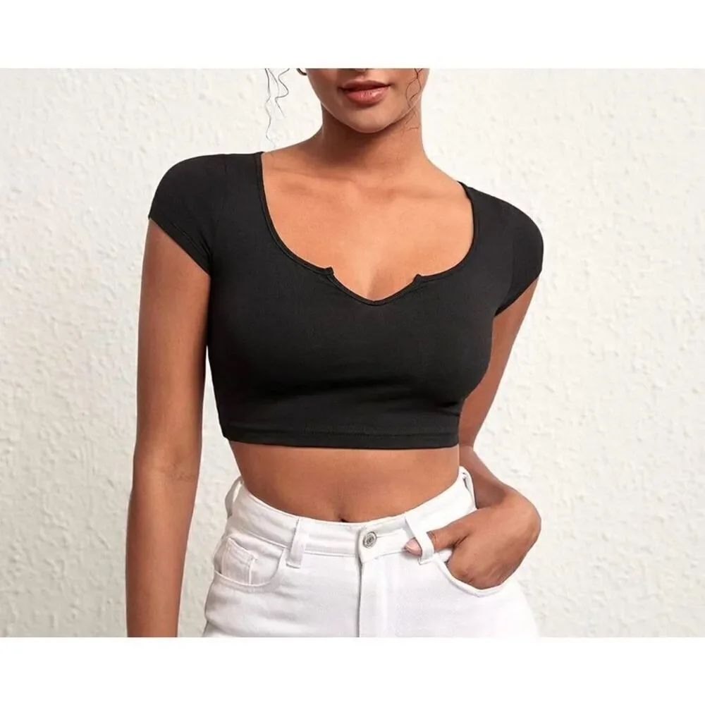 Women's T-Shirt Cotton Notched Neck Crop Tee Women's T-Shirt size 1XL